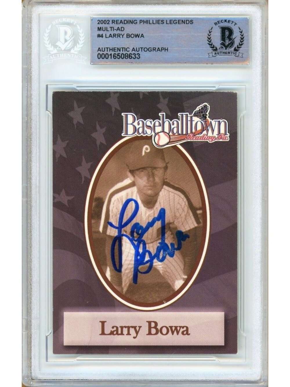 Larry Bowa Signed 2002 Reading Phils Legends #4 Phillies Beckett BAS Slab Auto